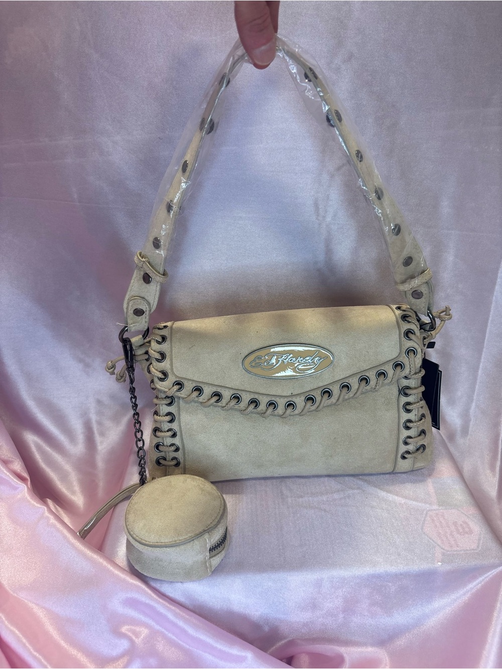 Ed Hardy Cream Suede Shoulder Bag with Round Coin Pouch